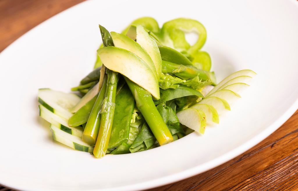 Green Green Salad · Romaine lettuce, spinach, asparagus, snow peas, green apple, avocado and cilantro.