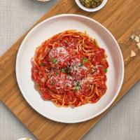 Mister Meatball Pasta (Spaghetti) · Fresh spaghetti and homemade ground beef meatballs served with rossa (red) sauce, red pepper...