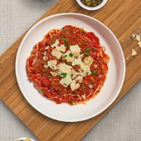 Sausage Season Pasta (Spaghetti) · Fresh spaghetti in a homemade rossa sauce topped with spicy Italian sausage, minced garlic, ...
