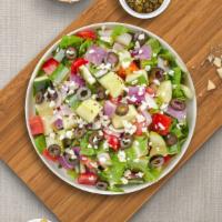 Greek Gains Salad · (Vegetarian) Romaine lettuce, cucumbers, tomatoes, red onions, olives, and feta cheese tosse...