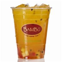 Passion Fruit & Basil Seed Tea · Real Passion Fruit (Pictured with Free Rainbow Jellies Add-in).  140 cal.