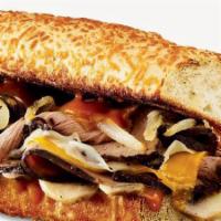 Black Angus Steakhouse Sub · Black Angus steak, provolone and cheddar cheese, sautéed mushrooms, and onions with zesty gr...
