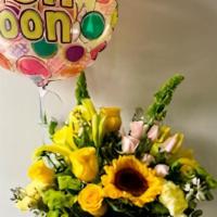 Sunny Days Get Well Soon Bouquet · A bright and sunny bouquet of sunflowers, yellow roses, yellow lilies, light pink spray rose...