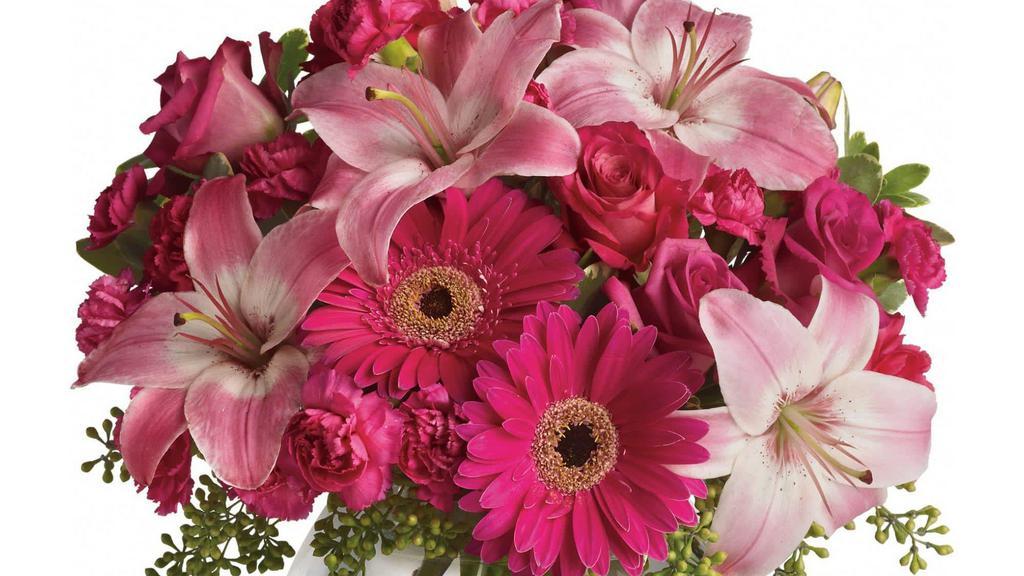 A Little Pink Me Up · Lovely pink roses and Asiatic lilies are joined by hot pink gerberas and miniature carnations, pink full-sized carnations and more in a clear glass ball. Send this one and life will be a bowl of cheer!
