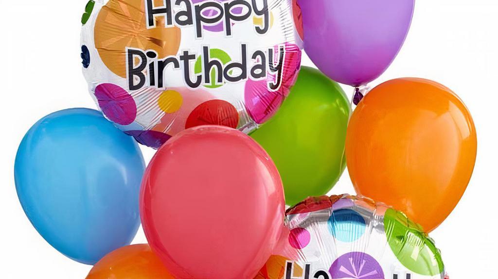 Happy Birthday Balloonbouquet · 4 happy birthday mylar balloons, 6 assorted latex balloons hand tied with festive weight