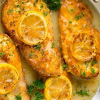 Chicken Francese · Chicken cooked in a white wine sauce with lemon and butter.