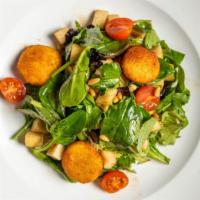 Goat Cheese And Pear Salad · Baby greens, fresh pears, fried goat cheese, and pignoli nuts with balsamic.