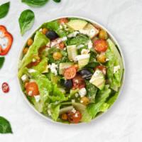 Middle Of Mediterranean Salad · Kale, cucumbers, cherry tomatoes, chickpeas, avocado, olives, and vegan cheese tossed with b...