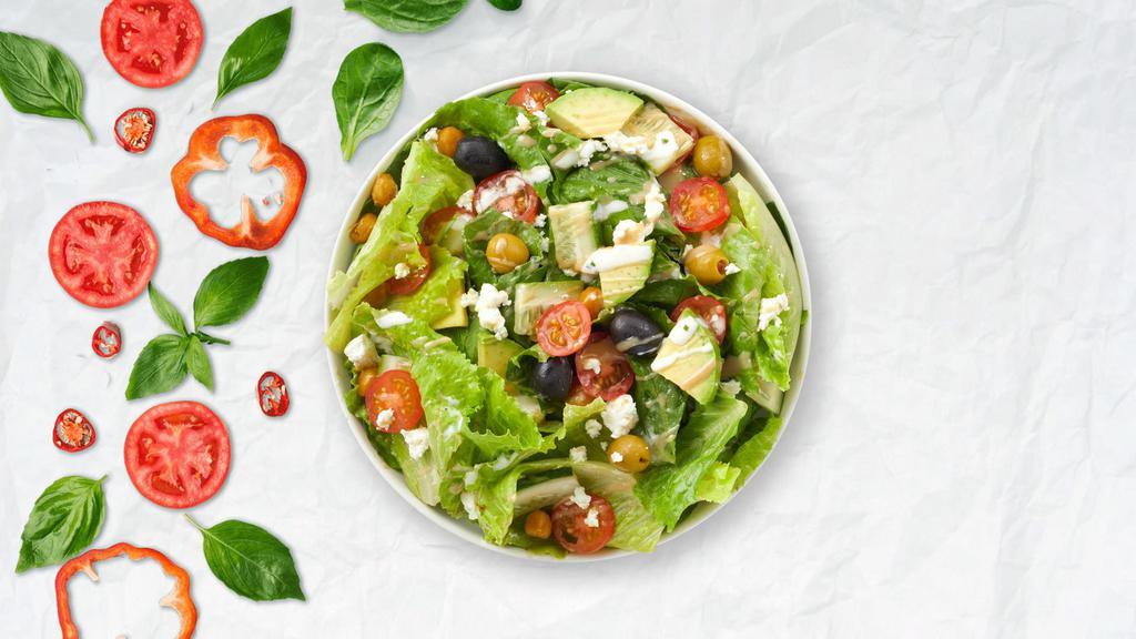 Middle Of Mediterranean Salad · Kale, cucumbers, cherry tomatoes, chickpeas, avocado, olives, and vegan cheese tossed with balsamic vinegar dressing.