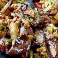 Spicy Eggplant · Vegetarian. Spicy. Eggplant, bell pepper, Thai basil and minced pork stir-fried with brown s...