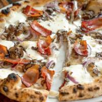 Speck Pizza. · fior di latte, cremini mushrooms, sliced red onions, oregano and extra virgin olive oil