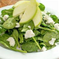 Spinach Salad. · with sliced apples, goat cheese and a balsamic vinaigrette