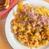 Western Omelette · 3 large eggs, ham, peppers and onions
Home fries and your choice of bread.