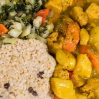 Curry Chicken · Vegetarian. Brown rice with peas. Served vegetarian style