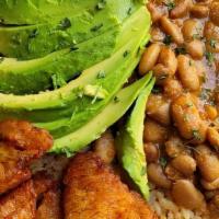Bandeja · Gluten free. Brown rice, beans, sweet plantains, and sliced avocado.