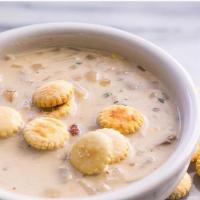 New England Clam Chowder · New England Clam Chowder served with crackers