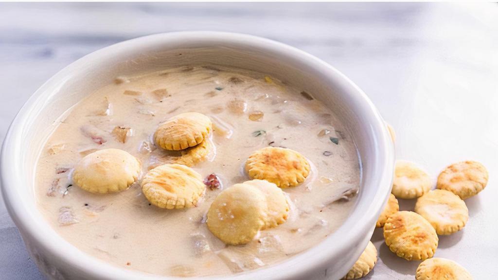 New England Clam Chowder · New England Clam Chowder served with crackers