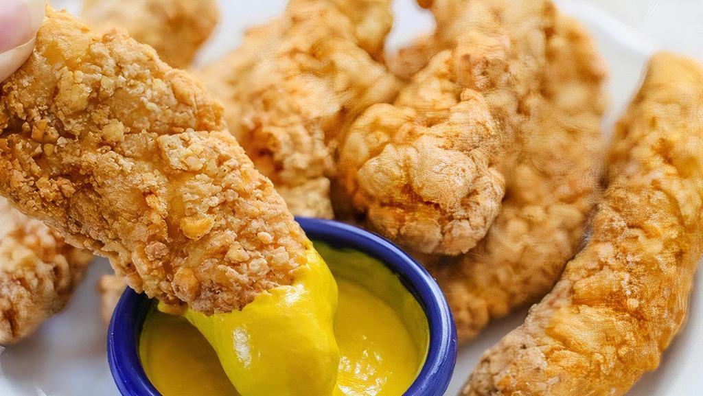 Chicken Tenders · 6 Crunchy chicken tenders served with BBQ or honey mustard. Add fries $3.