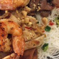 Shrimp & Pork Platter · Grilled jumbo shrimp and sliced pork, served with angel hair noodles, lettuce, and mint.