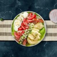 Cobb Stop Salad · Mixed greens, turkey bacon, boiled eggs, avocado, tomato, red onions, kidney bean, cucumbers...