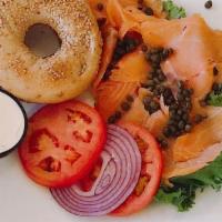 Smoked Salmon Platter · Smoked salmon, red onion, capers, tomato, cream cheese, and a New York Ess-A-Bagel.