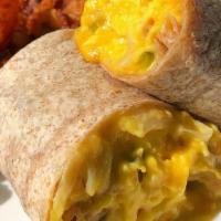 Breakfast Burrito · Scrambled eggs in a whole wheat tortilla, stuffed with cheddar, onions, peppers, and salsa.