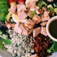 Cobb Salad · Grilled chicken, avocado, blue cheese, applewood smoked bacon, hard-boiled egg, tomato, cucu...