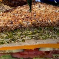 Garden Club Sandwich · Avocado, tomato, cheddar cheese, cucumber, lettuce, mushroom, and basil mayo.