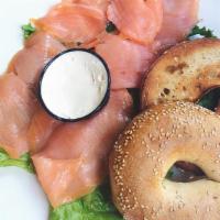 Bagel & Lox · Smoked salmon, red onion, capers, cream cheese, tomato, and an Ess-A-Bagel NY bagel. Served ...