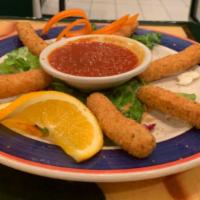 Fried Mozzarella Sticks · Served with marinara sauce.