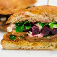  Roasted Eggplant And Pickled Beet Sandwich · Roasted eggplant, crumbled feta cheese, pickled beets with fresh herbs. Served on focaccia b...