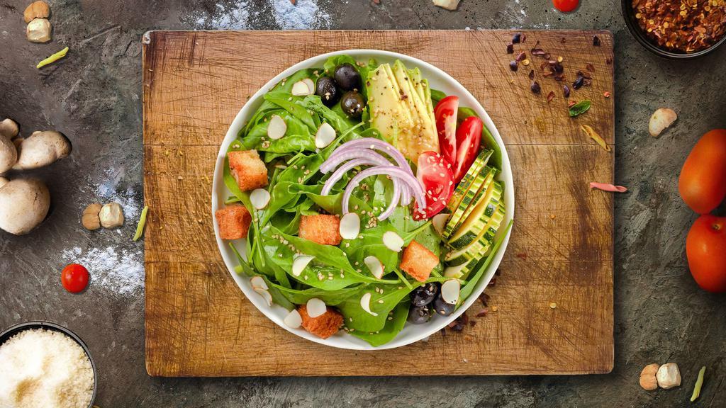 All About Avo Salad · Romaine lettuce, tomatoes, red onions, cucumbers and green olives.