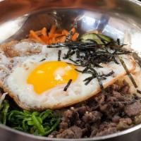 Chicken Bibimbap · Medley of vegetables. Topped w/ fried egg and Chicken.