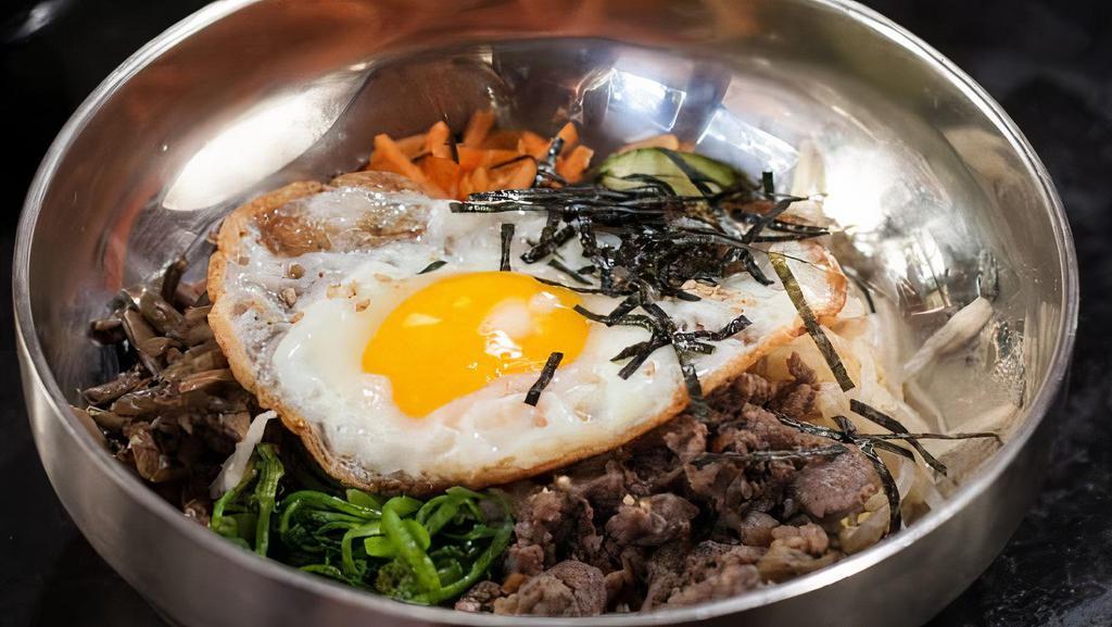 Chicken Bibimbap · Medley of vegetables. Topped w/ fried egg and Chicken.