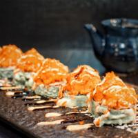 Volcano Roll · Kani and avocado in a roll,then deep fried. Topped with spicy tuna. Served with spicy mayo s...
