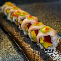Summer Roll · Tuna, mango and avocado, topped with yellowtail and jalapeno.