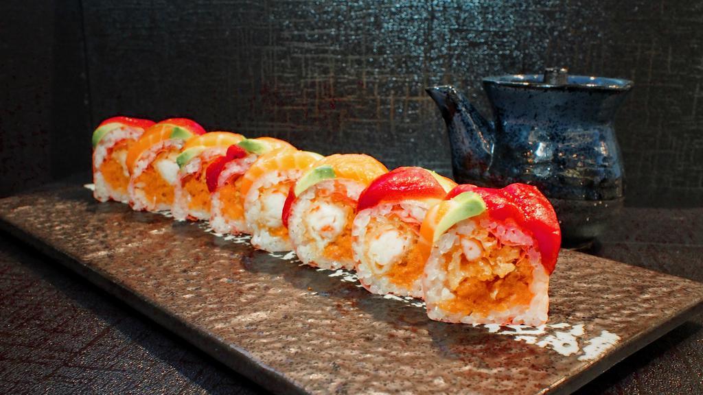 Samurai Roll · shrimp tempura & spicy tuna with soybean paper wrap, topped w. tuna, salmon & avocado