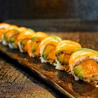 Tiger Roll · Spicy kani. Topped with fresh salmon and avocado.