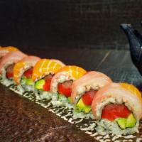 Floral Park Roll · Tuna, yellowtail and avocado topped with salmon and yellowtail.