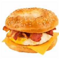 Bacon, Egg, Cheese Bagel · Bacon strips, cooked eggs, and cheese all-in a bagel!.