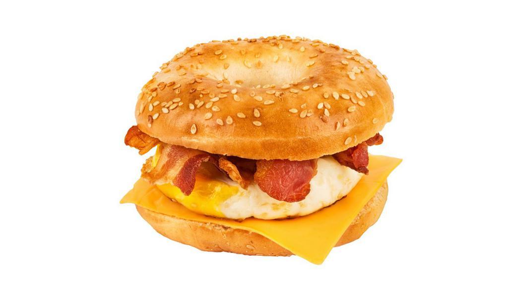 Bacon, Egg, Cheese Bagel · Bacon strips, cooked eggs, and cheese all-in a bagel!.
