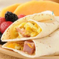 Cali Breakfast Wrap · Two egg whites, slices of avocado, diced tomatoes, and pepper jack cheese all in customer's ...