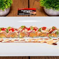 Sophie'S Decision · Spicy tuna , avocado , Crunch inside, tuna, salmon, Yellowtail, tobiko soybean sprout on top