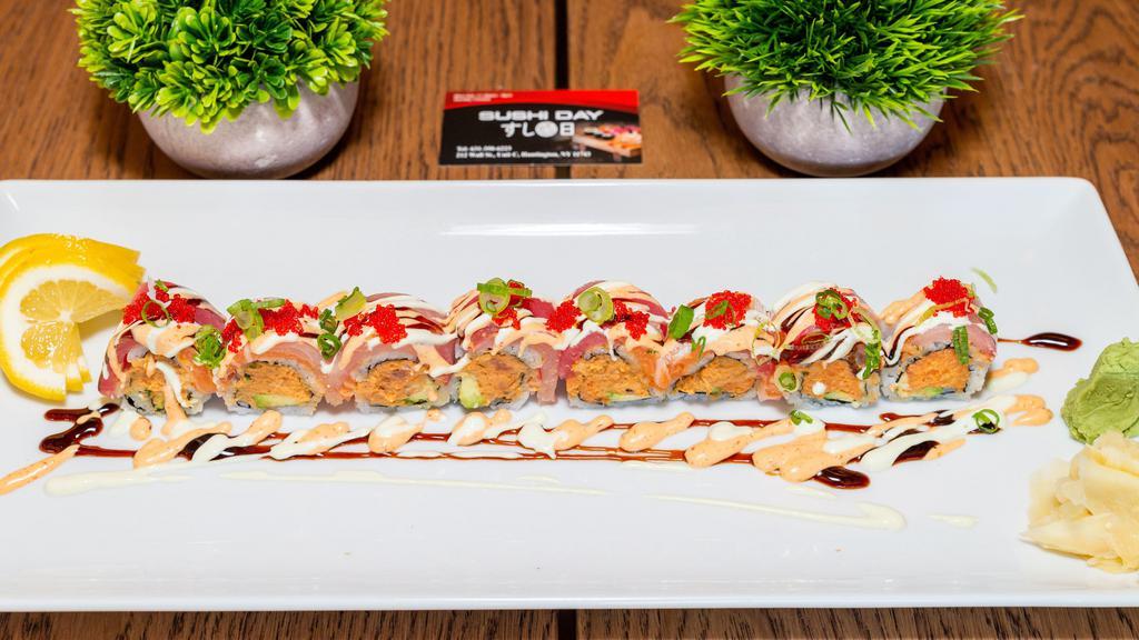 Sophie'S Decision · Spicy tuna , avocado , Crunch inside, tuna, salmon, Yellowtail, tobiko soybean sprout on top