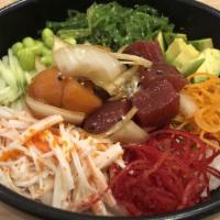 Tuna & Salmon Poke Bowl · Tuna, salmon sashimi and onion mixed with chefs special sauce, shredded (carrot, beets, cucu...