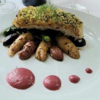 Sea Bass · citrus herb crust - fingerling potatoes - broccoli rabe - roasted beet dill vinaigrette