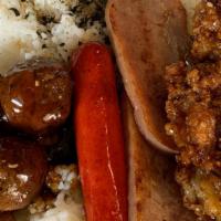 Morgan Bento · Teri-meatballs, hotdog, spams, garlic chicken