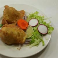 Chicken Samosa (2 Pc) · Crisp triangle patties filled with mildly spiced chicken khima.