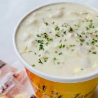 New England Clam Chowder(Bowl)) · A blend of tender sweet whole clams, clam broth, fresh cream, natural cut potatoes, and roux...