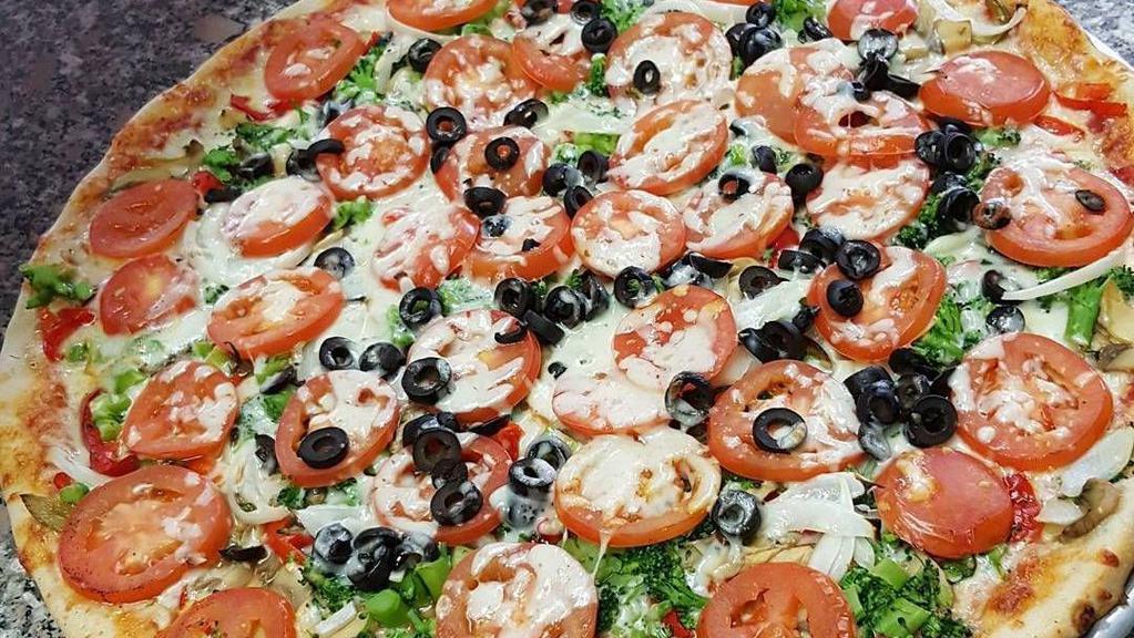Veggie Pizza · Premium mozzarella, mushrooms, onions, green peppers, black olives, and tomatoes.